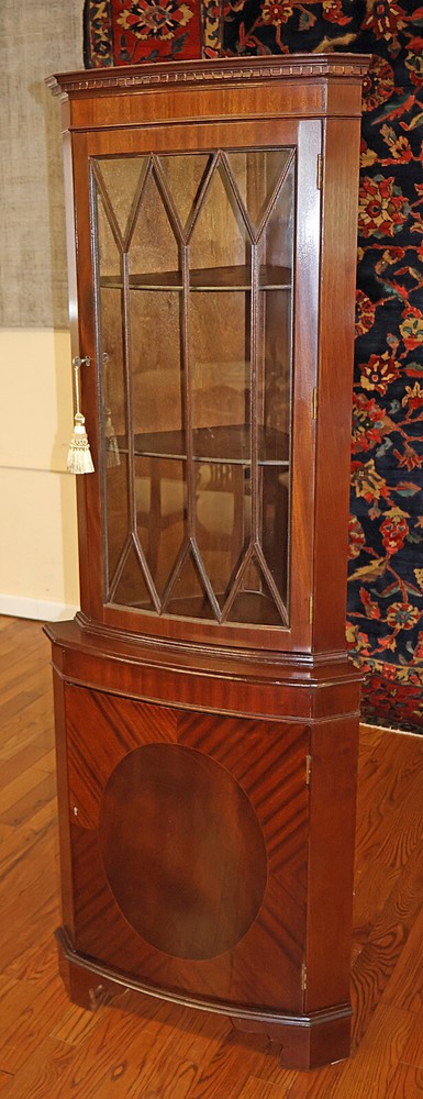 ​​Gorgeous English George III Style Mahogany Inlaid Corner Cabinet