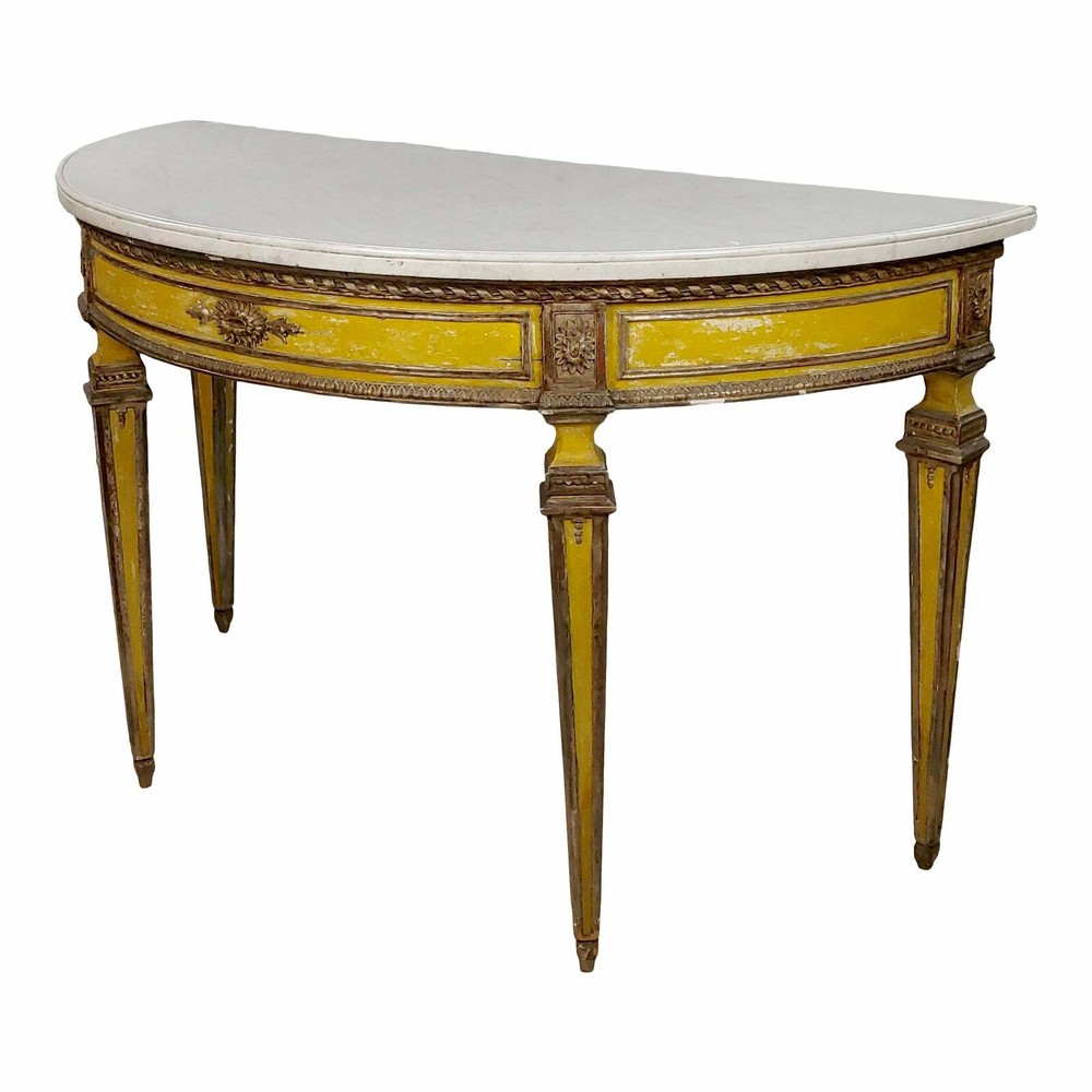 18th century Italian Demilune Marble top painted Console table