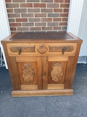 Vintage Burl Walnut Wood Small Side Cabinet Drawer Leather Top – Brass Hardware