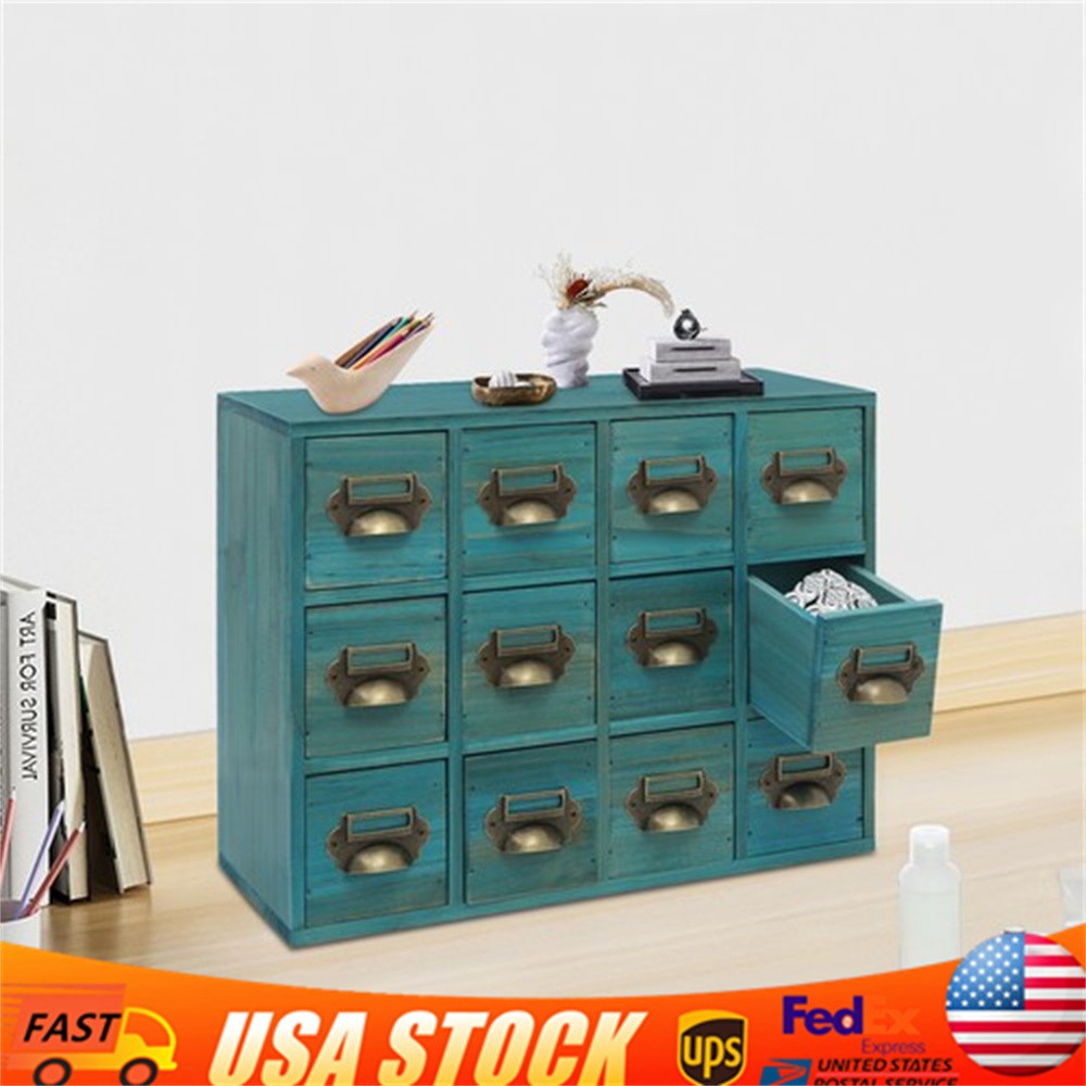 12 Drawers Vintage Tabletop Apothecary Storage Box Library Card Catalog Cabinet