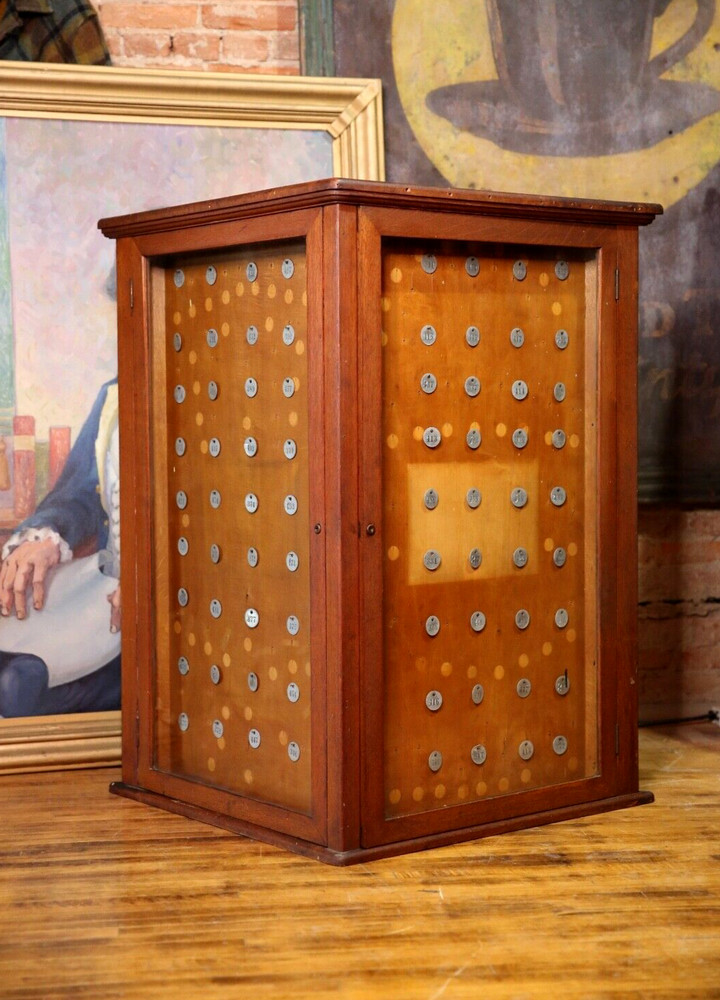Antique Display Case Apothecary Cabinet Tiger Oak Locker Tags Keys Vintage Wood
