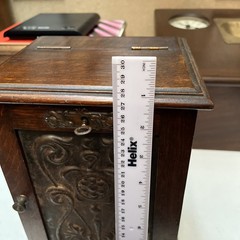 Small Antique Oak Smokers Cabinet. Art nouveau with metal front, working lock vg