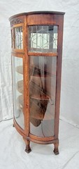 Victorian Oak Bowed Curved Glass China Cabinet with Leaded Glass & Claw Feet