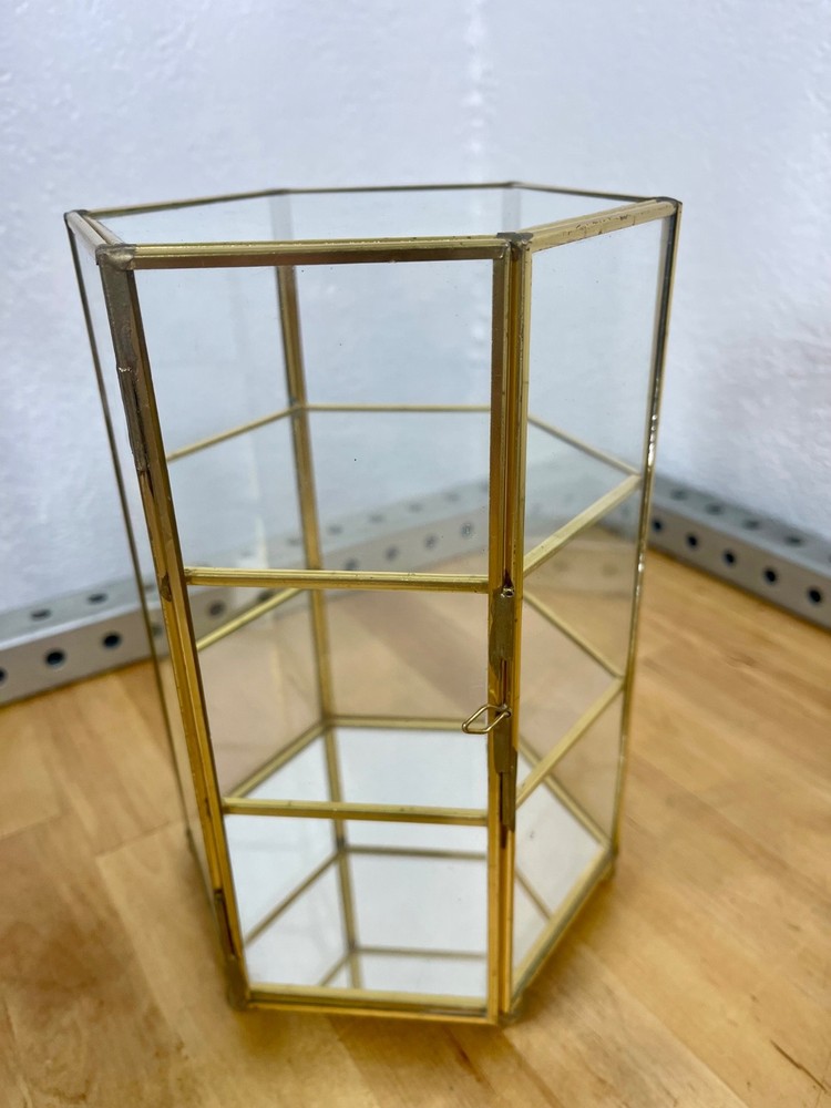 MCM Miniature Brass & Glass Tabletop 3-Shelf Double Door Curio Display Cabinet