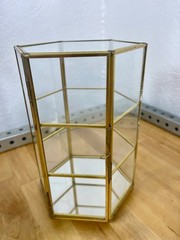 MCM Miniature Brass & Glass Tabletop 3-Shelf Double Door Curio Display Cabinet