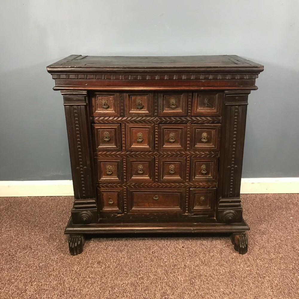 17th Century English Multi Drawer Carved Oak Spice Cabinet Table
