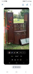 Antique Wood Cabinet with Carved Glass Doors, Drawers, 75.5″ x 66″ x 17.5″
