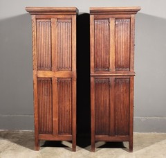 50″ Tall Pair of Vintage French Solid Oak Wood Highly Carved Gothic Cabinets