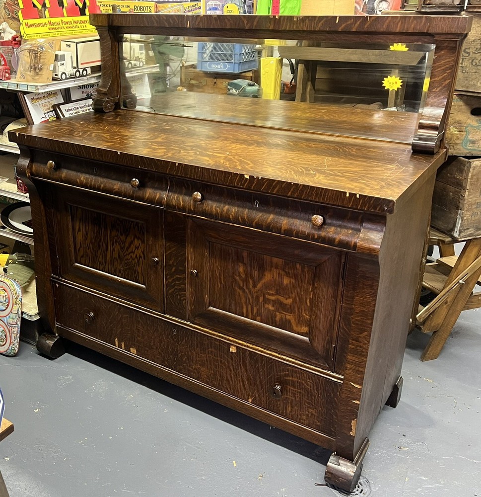 Antique Early 1900 Victorian Era Empire Style Tiger Oak Mission Sideboard Server