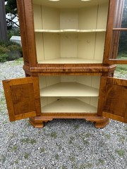 DR Dimes corner cupboard in strong tiger maple for Colonial Williamsburg.
