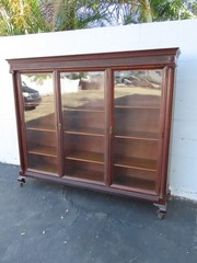 Early 1900s Tiger Oak Long Large China Cabinet Bookcase Cupboard 6583