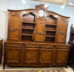 French Antique Burled Walnut Louis XV Buffet Cabinet With Grand Father Clock