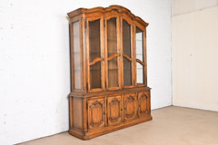Drexel Heritage French Provincial Carved Oak Lighted Breakfront Bookcase Cabinet
