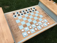 Game Room Table, Blue, Vintage, Refurbished, 42in long, 19in wide, 17in tall 