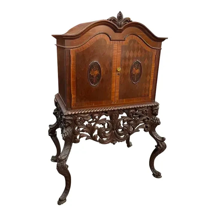 Late 1800’s Antique Cross Hatched Inlay Mahogany Cabinet with Key, Hand Carved
