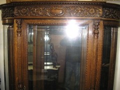 VICTORIAN BEVELED GLASS CARVED OAK CHINA CABINET, ATTR. R.J. HORNER
