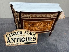 67335 Louis XV Style Marble Top Chest with Intricate Inlay and Gilt Detailing