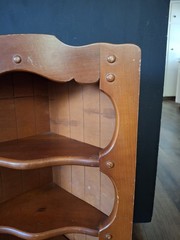 Vtg. corner cupboard with distinctive scalloped cutouts – 3 Tier – Oak In Color