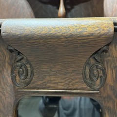 Antique Tiger Oak Corner Curio Cabinet. Ornate details, curved glass doors.