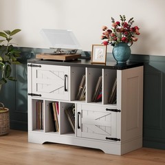 Farmhouse Wood Record Player Stand, 39″ Cabinet with Vinyl Storage & Barn Doors