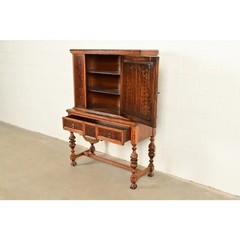 Early Romweber Antique English Jacobean Carved Oak Bar Cabinet, Circa 1900