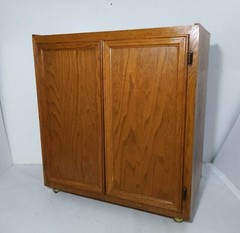 Vintage Rustic Country Mission Oak Wood Rolling Cabinet Dry Sink Bar Cart Shelf