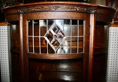 Victorian Carved Wood & Glass Curio Cabinet Leaded Glass Convex Ball & Claw Feet