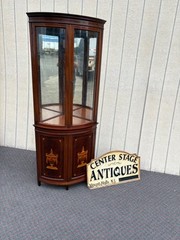 66914 Vintage Inlaid Mahogany Corner Curio Cabinet with Glass Doors
