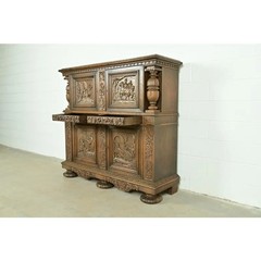 Antique Danish Renaissance Revival Carved Oak Bar Cabinet, Circa 1890s
