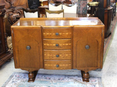 English Antique Inlaid Oak Art Deco Sideboard / Small Buffet / Bar Cabinet