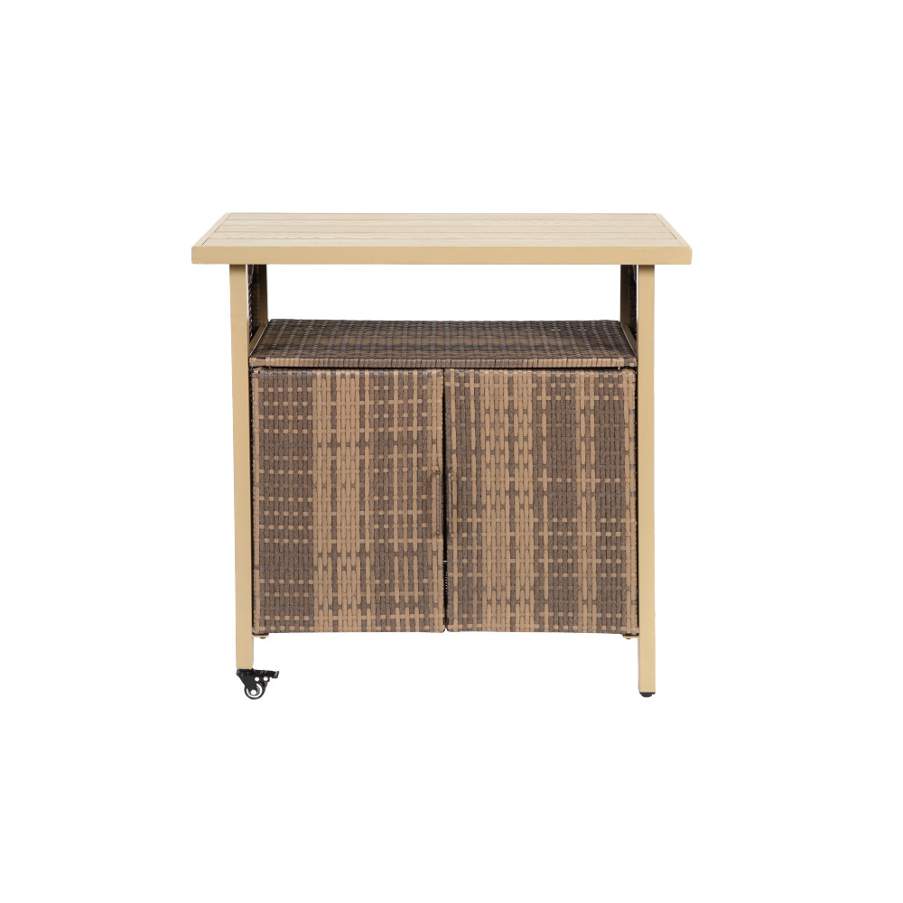 Outdoor Beige Wicker Bar Cart Rolling Rattan Beverage Serving Cart