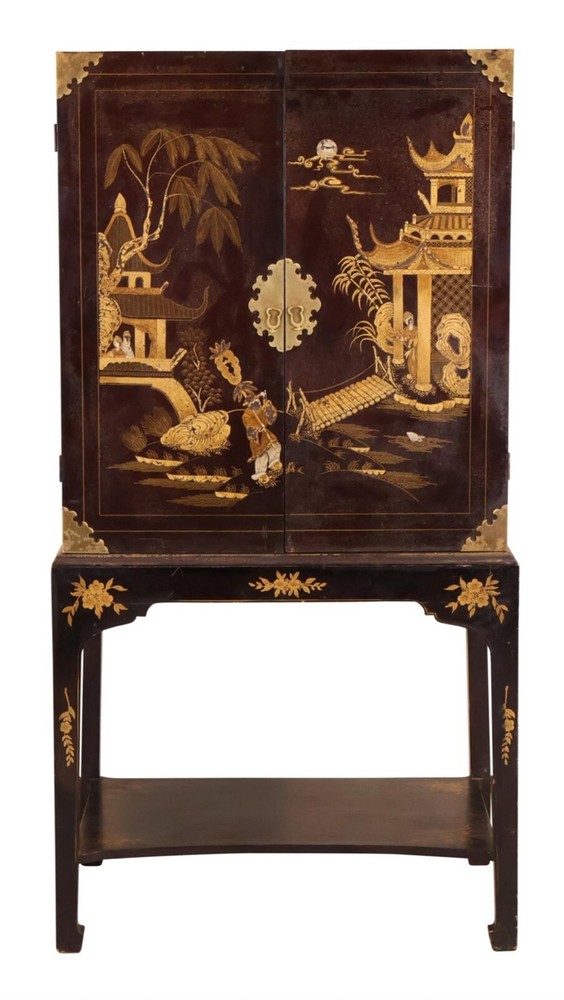 Antique George III Style Chinoiserie Two Door Chest On Stand