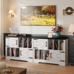 39″ Vinyl Record Storage Stand W/ Doors, Farmhouse Mid-Century Turntable Cabinet
