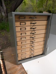 Antique Industrial Enclosed Slide File Cabinet Wooden Drawers Countertop