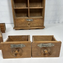 Antique Wood Apothecary Spice Cabinet 9 Metal Labeled Drawers 18.5” x 10”