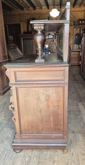 VICTORIAN OAK CABINET W FIGURAL BRASS PANELS