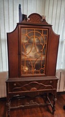 Antique China curio cabinet Showers Furn.Co.1868 medallion hutch wood orig.glass