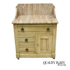Antique Eastlake Victorian Pink Marble Backsplash Washstand Nightstand Cabinet