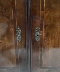 Late 18th C. Dutch 2 Door Walnut Cabinet W/ Secret Drawer & Compartments