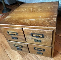 Antique Wooden 4 Drawers Library Index Card Catalog 2 Sections Stacked Tabletop