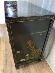 Vintage Chinese Asian Black Lacquer Cabinet Side Entry Table w Stone Onlay