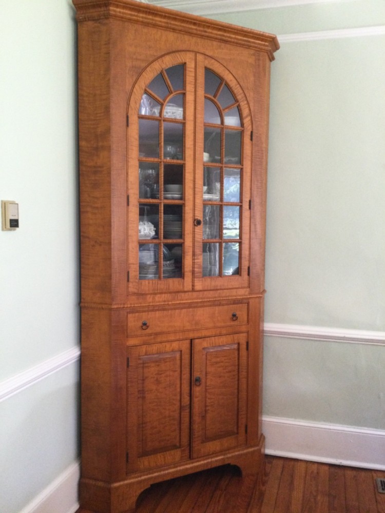 Tiger maple antique reproduction corner cupboard, custom made