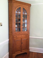 Tiger maple antique reproduction corner cupboard, custom made