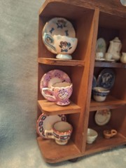 Antique Wood Mini Curio Cabinet Filled With Vintage Miniture Tea Cups & Saucers