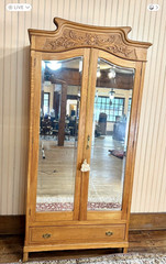 French Antique Carved Oak Art Nouveau 2 Mirrored Door Armoire Circa 1900.