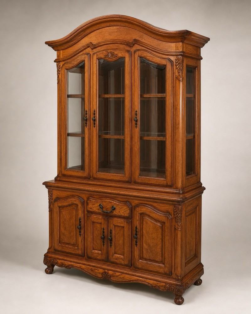Antique Brown Wood China Cabinet 7 Glass Doors Drawer Ornate Carvings 60x20x80in