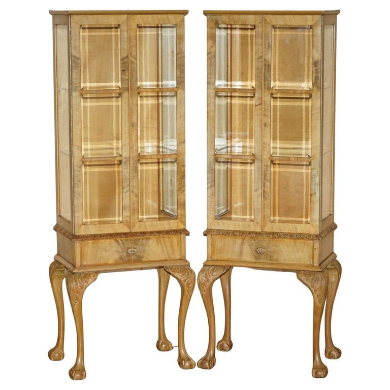PAIR OF ART DECO CIRCA 1920’S BURR LIGHT WALNUT CLAW & BALL DISPLAY CABINETS