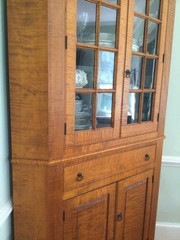 Tiger maple antique reproduction corner cupboard, custom made