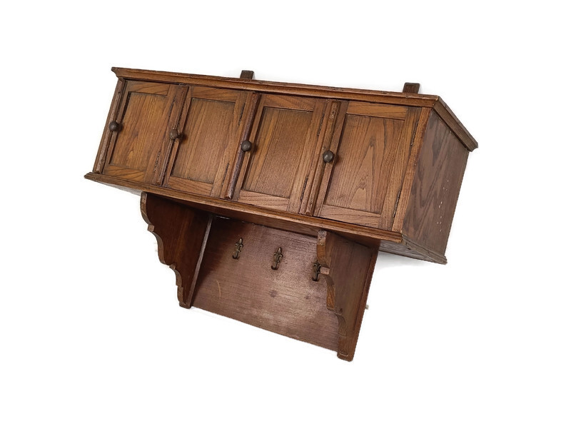 large Wall Cabinet Console Coat Hat rack Carved Wood French Fleur de lis Hooks V