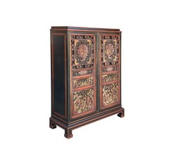 Vintage Oriental Black Red Gold Scenery Carving Storage Cabinet GB101